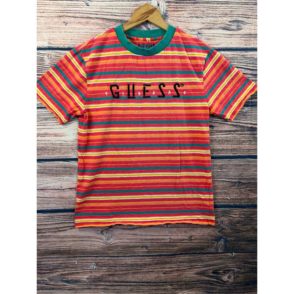 Guess J Balvin Vibras Tee XS Red Green Yellow Stripe Embroidered #4648